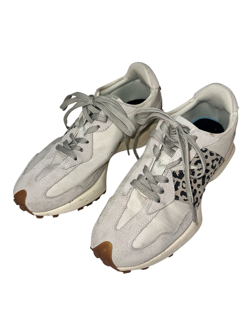 New Balance White Gray Sneakers with Leopard Accent and Brown Toe